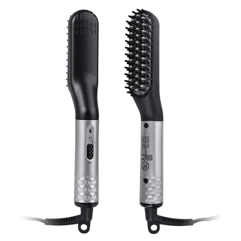 Silver Beard Straightener Brush For Men With Fast Heating Ceramic Comb And Antiscald Protection