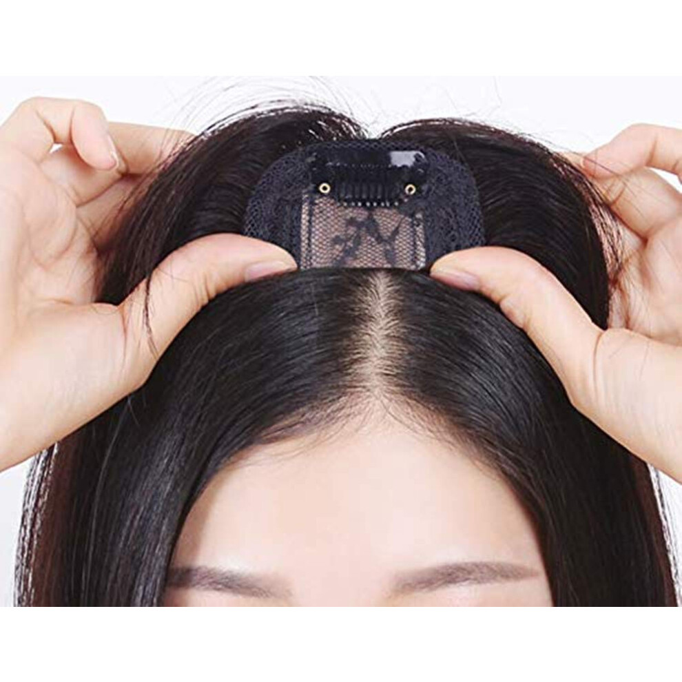 Human Hair Topper with Clip In Bangs, Silky Straight Fringe for Women, Natural Black 20cm