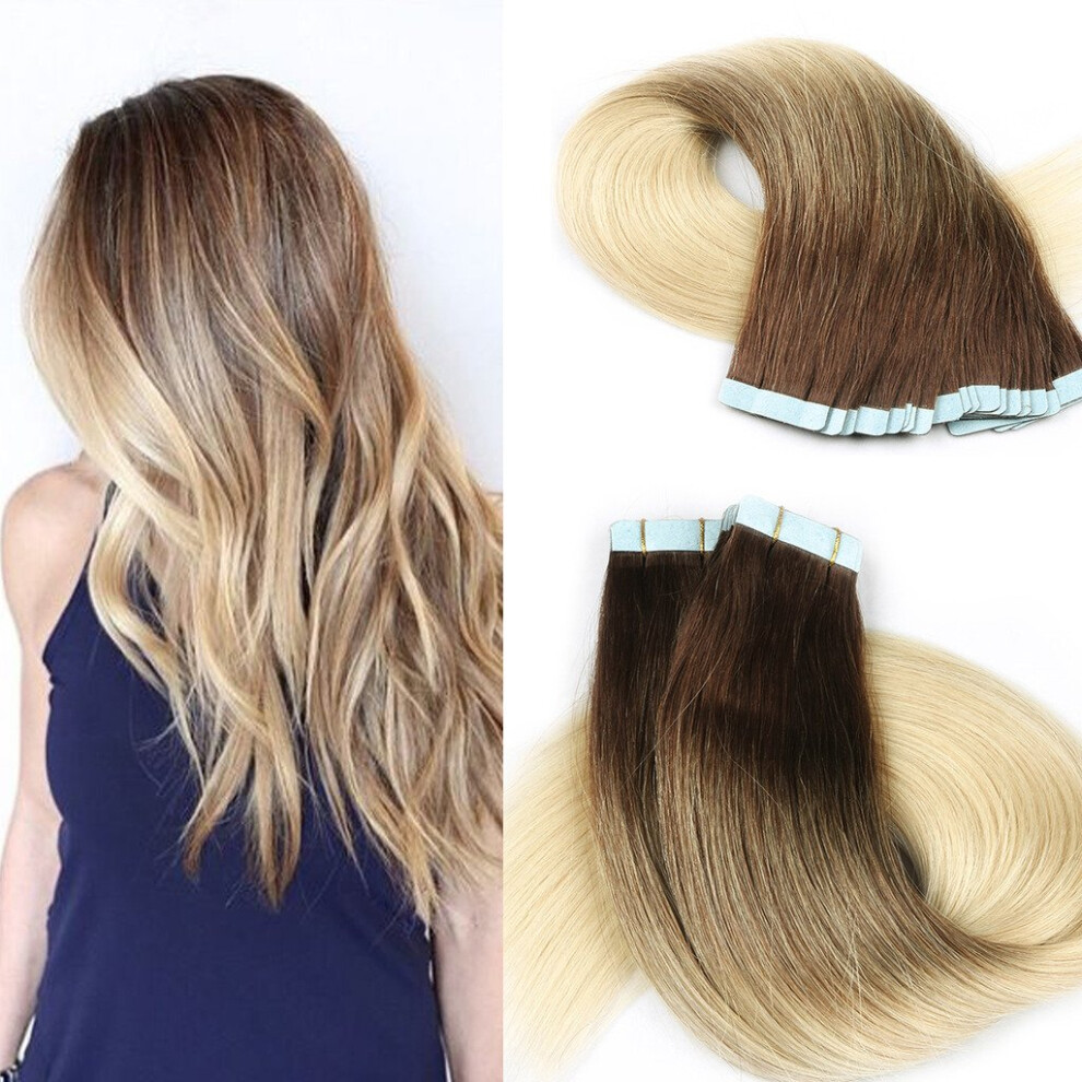 Tape in Hair Extensions Brazilian Virgin Human Hair Ombre Blonde 20 Inch Skin Weft Seamless Blend