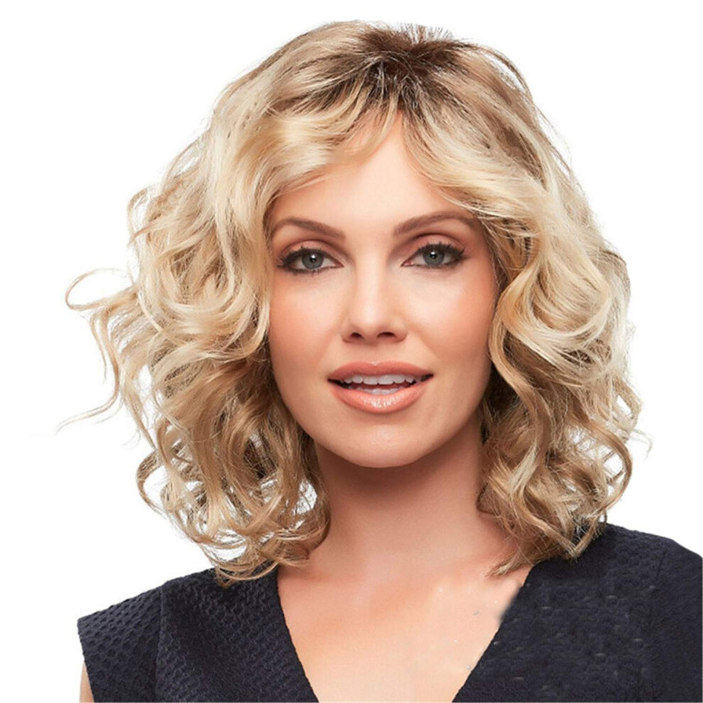 Unisex Brown Short Curly Synthetic Wig For Women With Realistic Wavy Texture, Ombre Blonde Lace Front