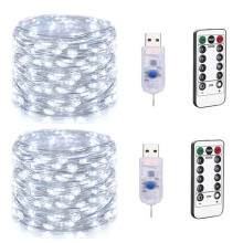 ZOELNIC2pcs - 200LED kuparilankasarjavalot USB-sarjavalot kaukosäätimellä, 8 tilaa, vesitiivis kaukosäädinajastin, viileä valkoinen