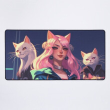 Eine neue, trendige Schreibtischunterlage im Anime-Stil der 90er Jahre: Eine Gummikatze mit ihrer Gruppe von Waifus.
