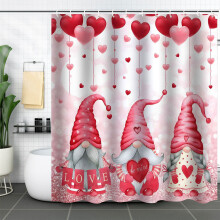 Giyblacko Valentinstag Duschvorhang Rot Liebesherz-Gnome Badezimmer-Duschvorhang Stoff Landhaus-Planken-Stil Badezimmer-Duschvorhang