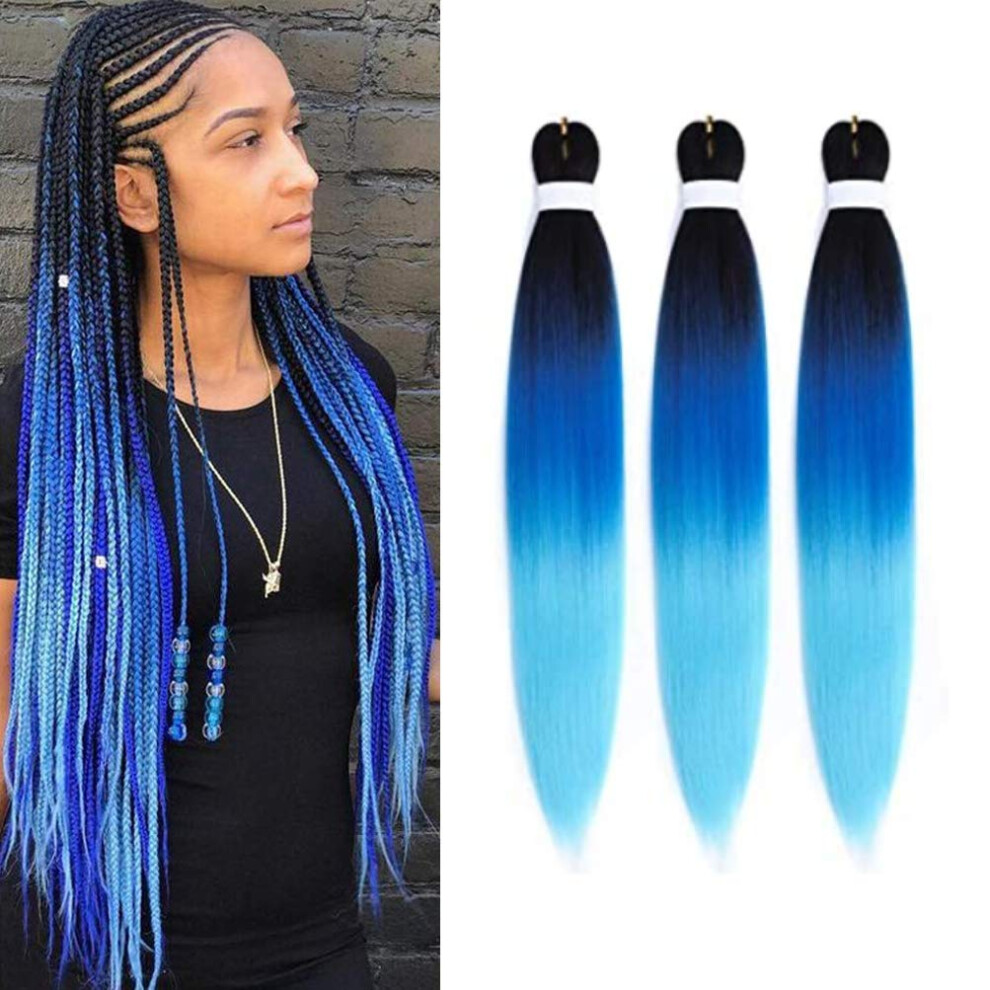 Unisex Blue,Black Prestretched Braiding Hair Extensions 24 Inch Ombre Black Blue Synthetic Crochet Braids 3 Pack