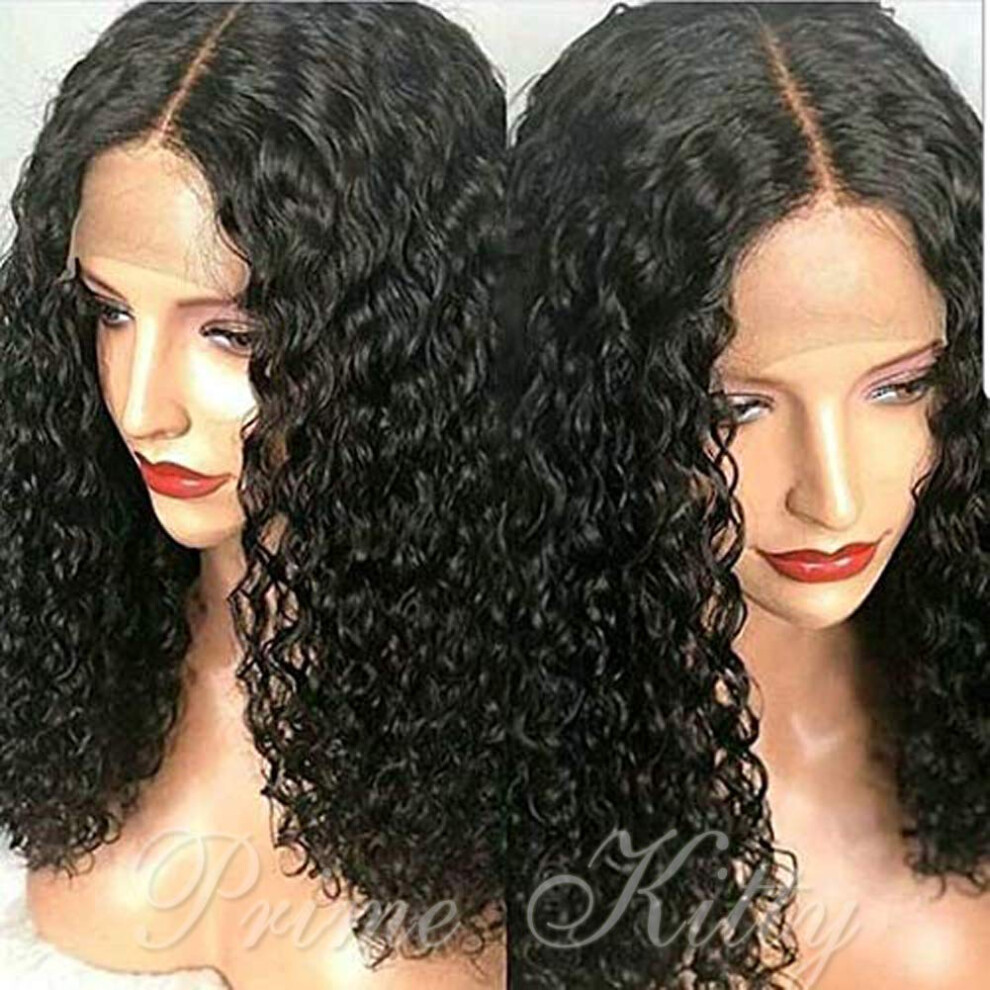 Unisex Black Human Hair Lace Front Wig 13X4 Fake Scalp 12 Inch Afro Kinky Curly Brazilian Deep Curly Pre Plucked