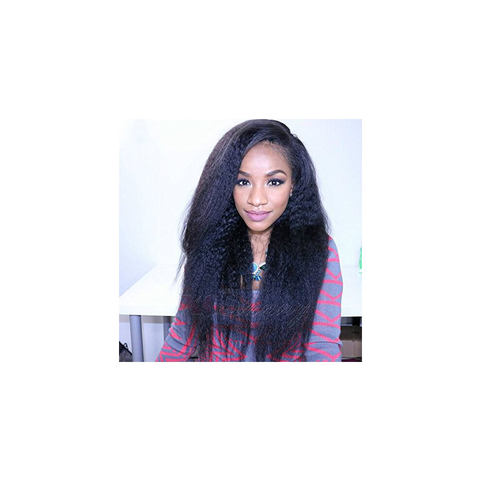 Unisex Black 24 Inch Italian Coarse Yaki Human Hair Lace Front Wig For Women, Brazilian Virgin Hair