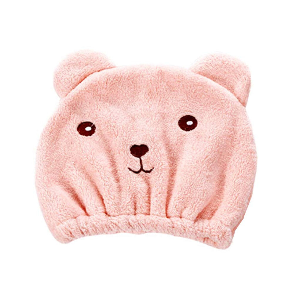 Coral/Pink Hair Drying Towel Microfiber Fleece Quick Dry Cap With Elastic Cute Bear Design