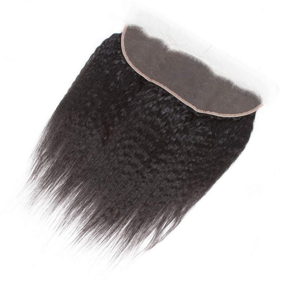 Unisex Brown 10 Inch Kinky Straight Lace Frontal Human Hair Closure With Bangs, 13X4 Pre Plucked Medium