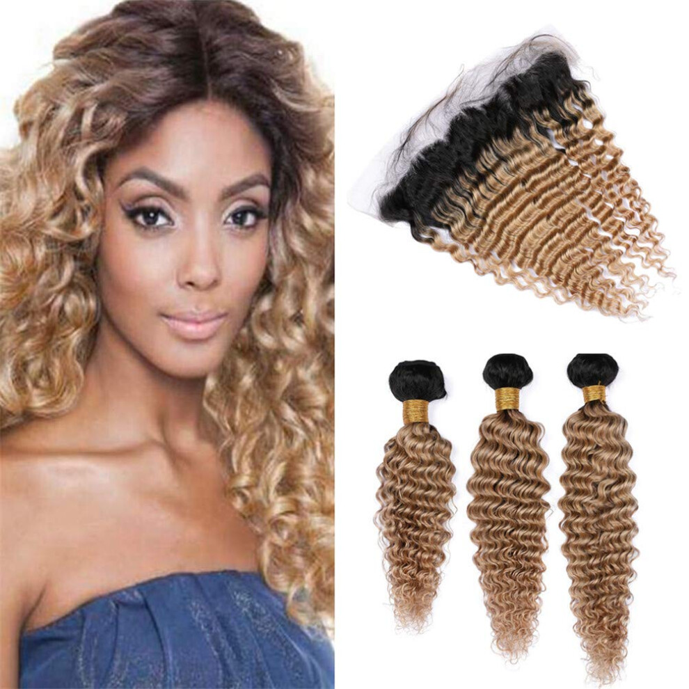 Unisex Honey Blonde Ombre Deep Wave Human Hair Bundles With 13X4 Lace Frontal 1B 27 Virgin Indian Hair