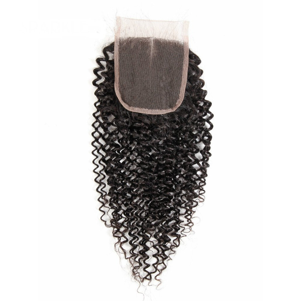 Unisex Brown Kinky Curly Lace Closure 4X4 Virgin Human Hair With Baby Hair, Bleached Knots 20 Inch