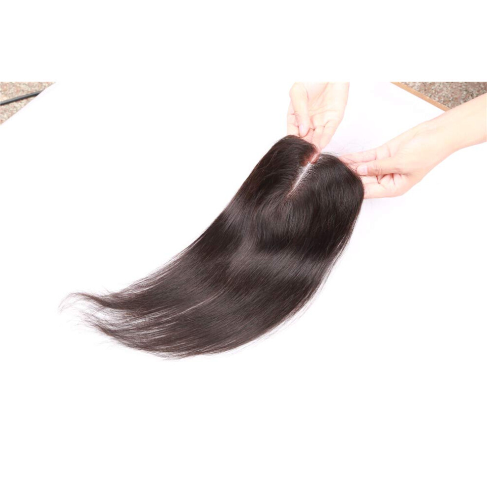 Remy Human Hair Weft 14 Inch Silk Straight Mid Part Closure 1B Virgin Indian Hair Extensions