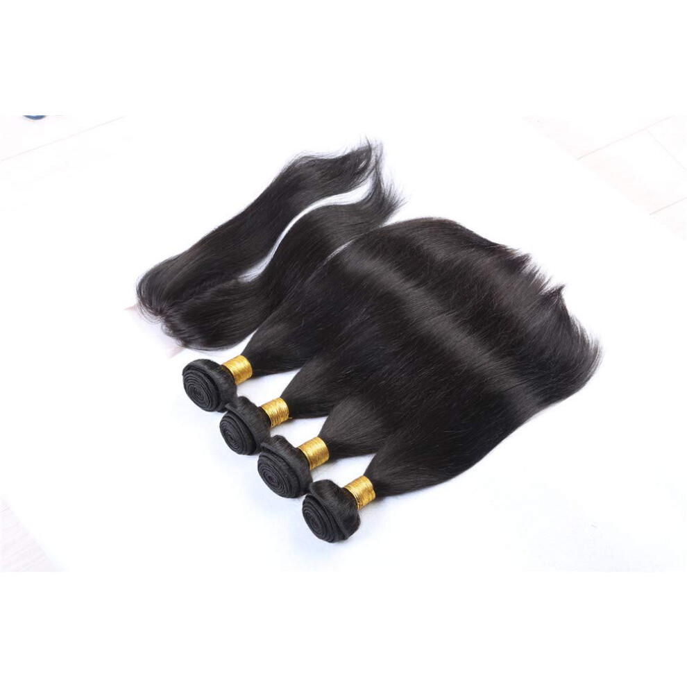 Unisex Black Remy Human Hair Extensions Virgin Indian Silk Straight Weave Bundles With 4X4 Mid Part Closure Natural