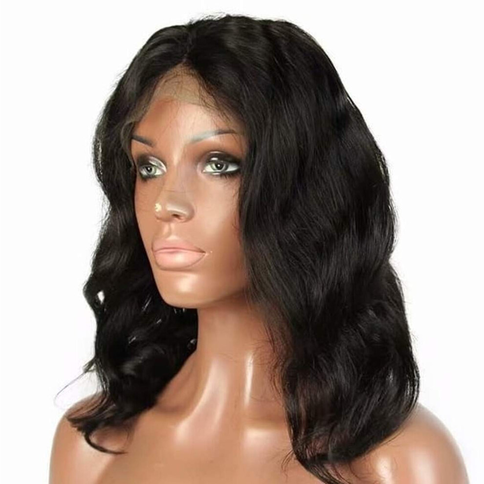 Unisex Black Natural Wavy Brazilian Human Hair Lace Front Wig 12 Inch Preplucked Hairline For Women