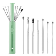 Ear Cleaning Kit Stainless Steel 7pcs Set with Silicone Brush and 360 Spiral Wax Removal