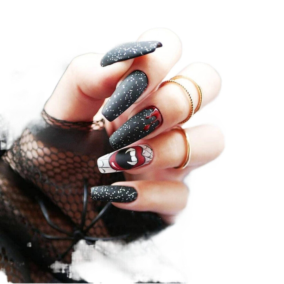 Halloween Fake Nails with Nail Stickers, Waterproof Reusable Press On Nail Patches for Home Manicure