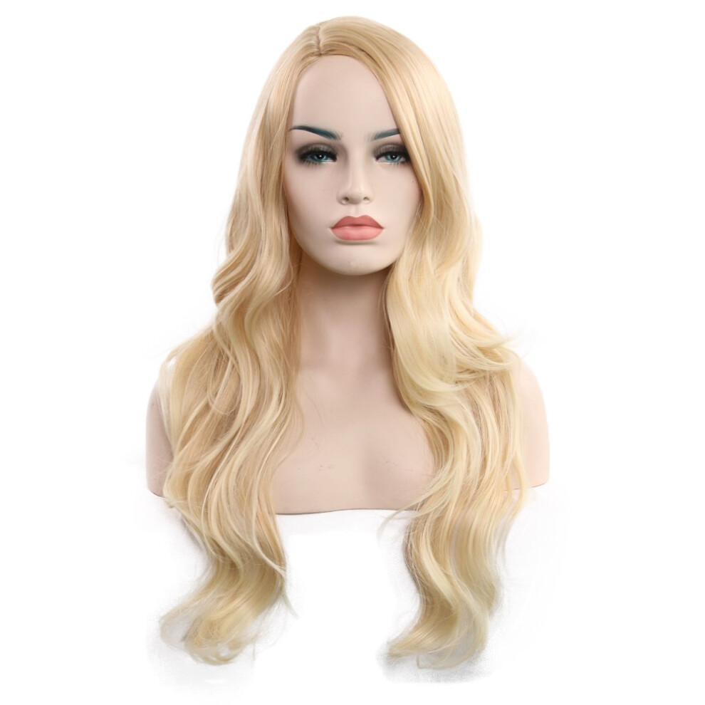 Unisex Blonde Synthetic Wig For Women Long Curly Heatfriendly Wavy Hair With Adjustable Cap