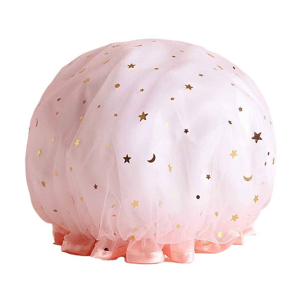 Waterproof Double Layer Shower Cap with Elastic Fit, Reusable Pink Lace Hair Cap for Bath and Spa