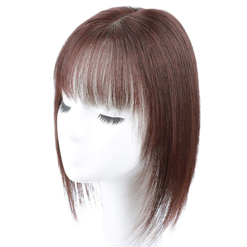 Unisex Black Silk Base Human Hair Topper With Bangs, Natural Clip In Hairpiece For Thinning Hair