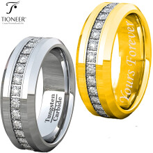 Anillo de boda Tioneer de carburo de tungsteno, estilo eternidad, con circonita cúbica, para hombre y mujer, 8 mm, grabado "Tuyo para siempre".