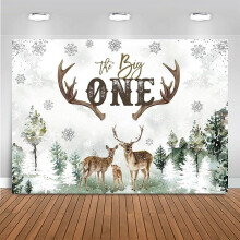 Custom Deer 1st Birthday Backdrop, Adventure Winter Forest Theme, Antlers Rustic Banner, Party Decoration Background (Green, 7x5ft)