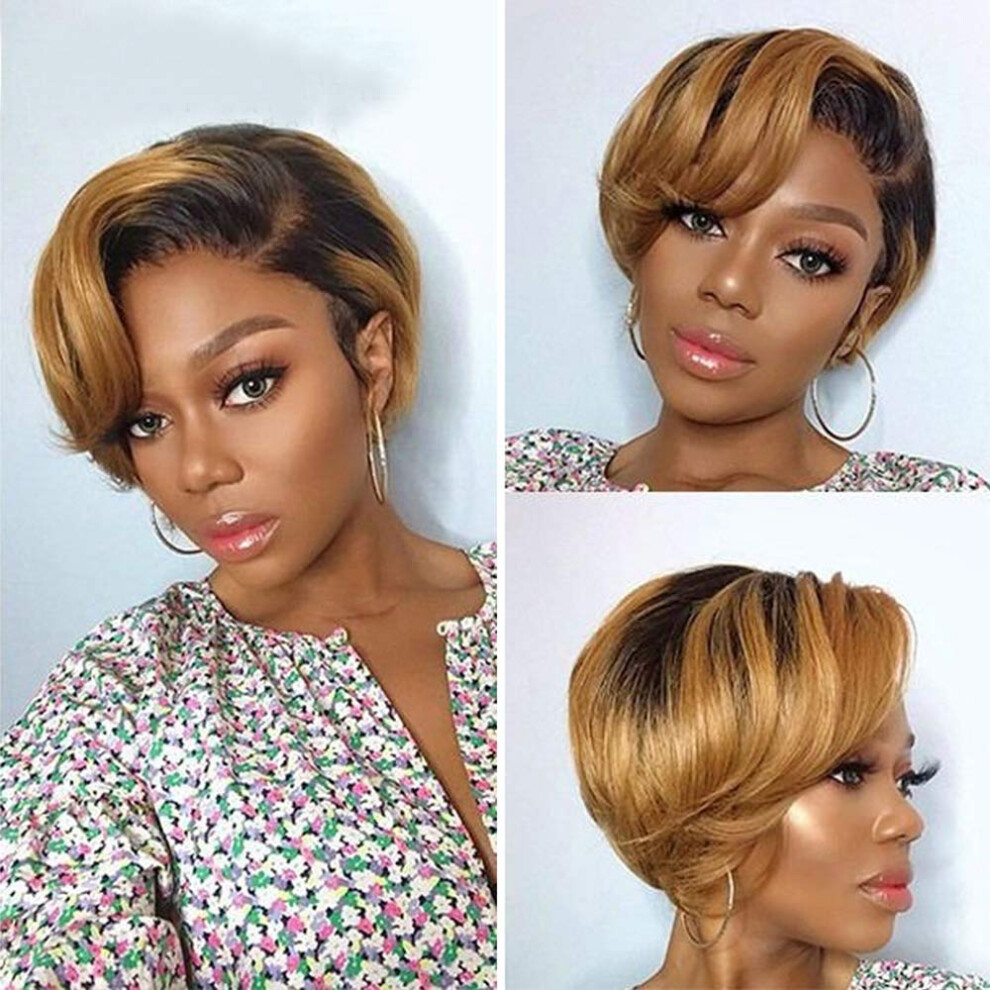 Unisex Ombre Honey Blonde Pixie Cut Human Hair Wig 10 Inch Bob Lace Front Preplucked Natural Hairline