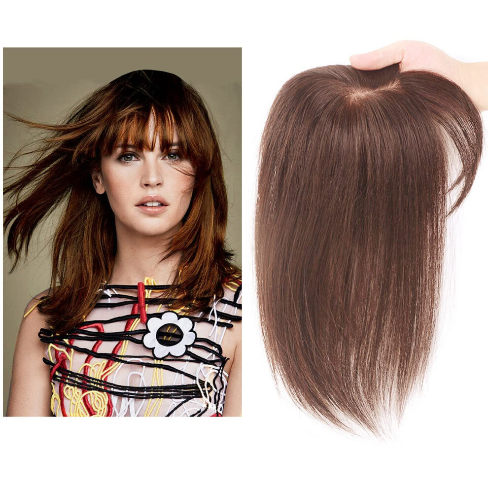 Unisex Brown Light Human Hair Topper With Clips, Middle Part Hairpiece For Thinning Hair, 6 Inch