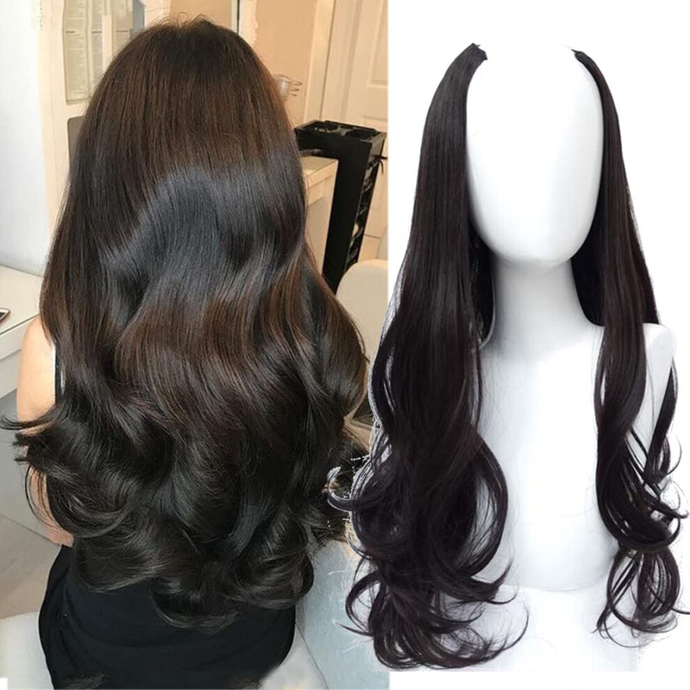 UShaped Half Wig 24 Inch Wavy Black Synthetic Hair Extensions with Natural Hairline and Clips