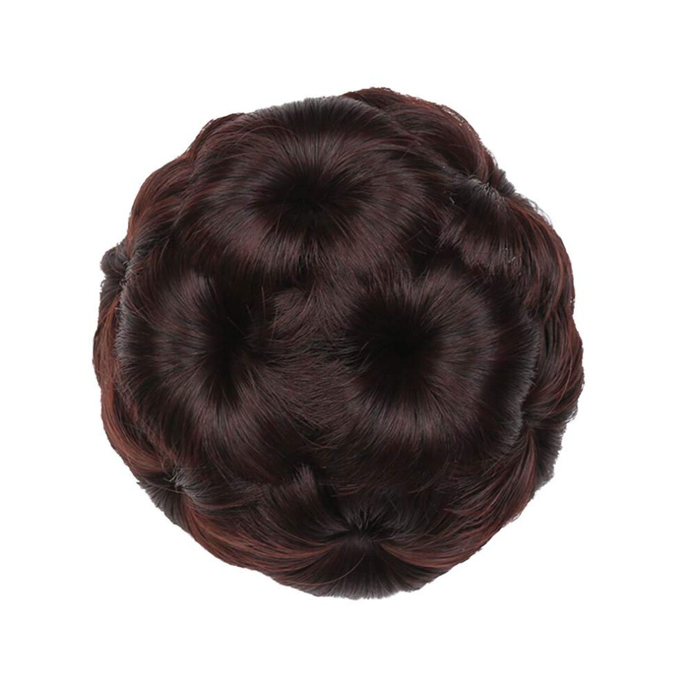 Unisex Brown Dark Synthetic Hair Bun With Elegant Floral Design, Wavy Bridal Chignon Hairpiece