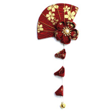 Japanese Hairpin with Tassels Wine Red Gold Handmade Fabric Ornament for Yukata Geisha Style