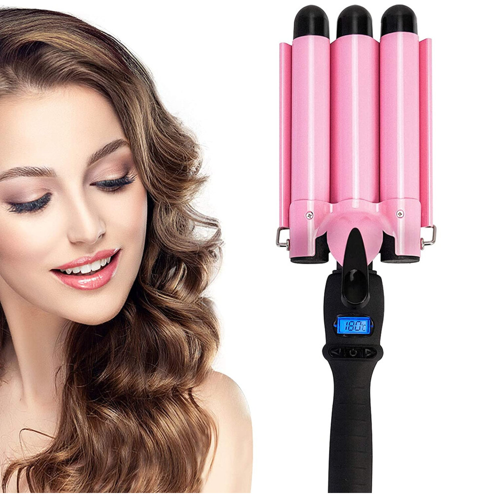 Pink Three Barrel Curling Iron Tourmaline Ceramic 25Mm Fast Heating Adjustable Temp Waves
