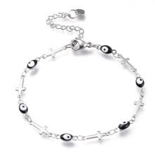 2er-Set Gliederarmbänder aus Edelstahl 304 mit Emaille- und Karabinerverschluss, Motiv: Böser Blick & Kreuz, Farbe: Schwarz, Länge: 18,5 cm (7-1/4