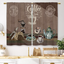 Coffee Theme Brown Curtains, 27.5x39 Inch, 2 Panels, Vintage Rustic Modern Kitchen or Bathroom Tier Curtains