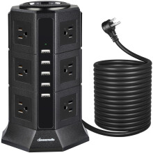 16FT Power Strip Tower, 12-Outlet Charging Station with 5-USB Ports, 2 Switch Control, Flat Plug, 1500J Surge
