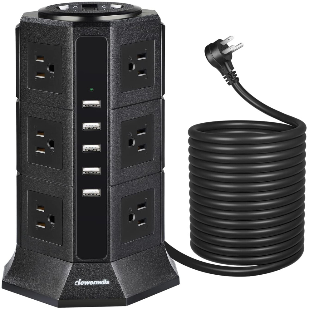 16Ft Power Strip Tower, 12-Outlet Charging Station With 5-Usb Ports, 2 Switch Control, Flat Plug, 1500J Surge 9773935842281