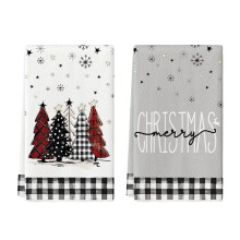 Sm: )e Trees Merry Christmas -keittiöpyyhkeet, 2 kpl, 45x61 cm, mustavalkoinen Buffalo-ruutukuvio