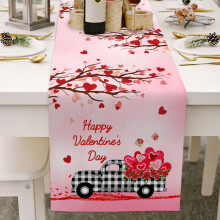 Tischläufer zum Valentinstag, 178 cm lang, roter LKW-Sanitärstoff mit Gnomen und Herzen, kleine rosa Kommodendecke als Dekoration für das Esszimmer