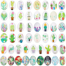 50 stk. ovale glasscabochoner, 25 x 18 mm, kaktustrykk, halvrunde fliser til smykkelaging og scrapbooking, kompatible med anheng