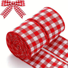 Fita xadrez/listrada estilo búfalo, 4,5 metros de fita aramada para o Natal, fita vermelha e branca para fazer laços, embrulhar presentes e decorar