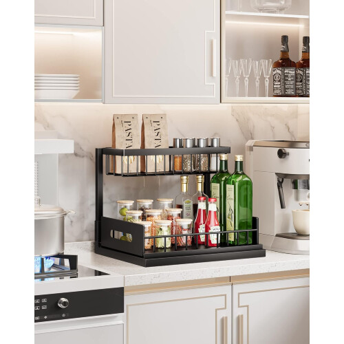 2-Tier Under Sink Organizer, Pull Out Shelf Compatible with Kitchen Bathroom, No Drilling, Rustproof Stainless Steel Storage 1