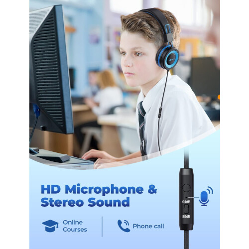 Fones de ouvido infantis HS14Kids com microfone, volume limitado a 85/94dB, dobráveis e com fio. 1