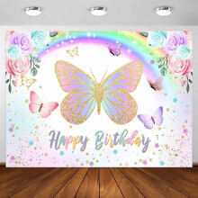 Fundal fluture pentru ziua de naștere, 7x5ft, fundal fotografie cu flori roz violet curcubeu, banner de masă pentru tort pentru decor de petrecere