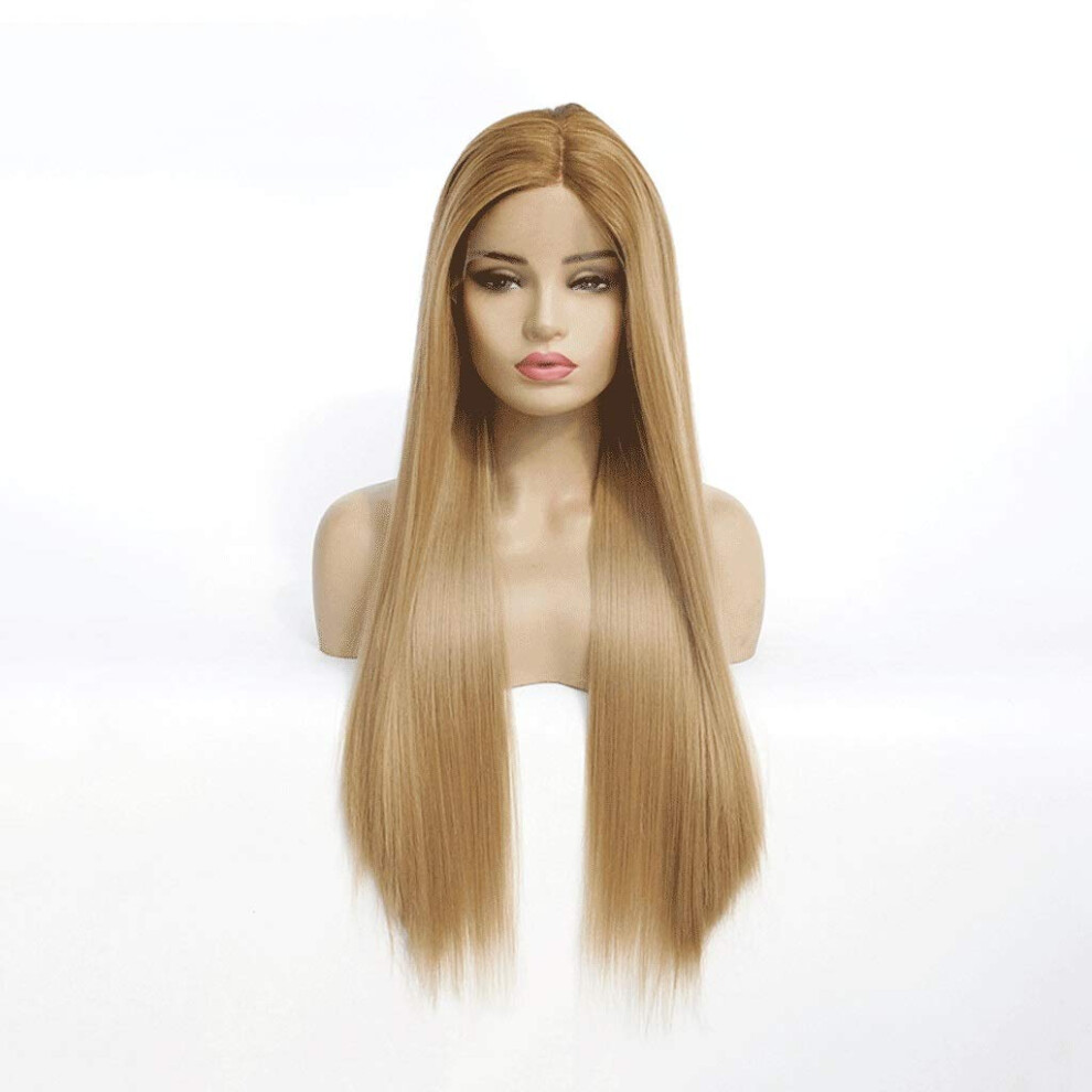 Women's Long Straight Wig Brown Gold Ombre Heat Resistant Synthetic with Natural Hairline for Cosplay and Daily Wear