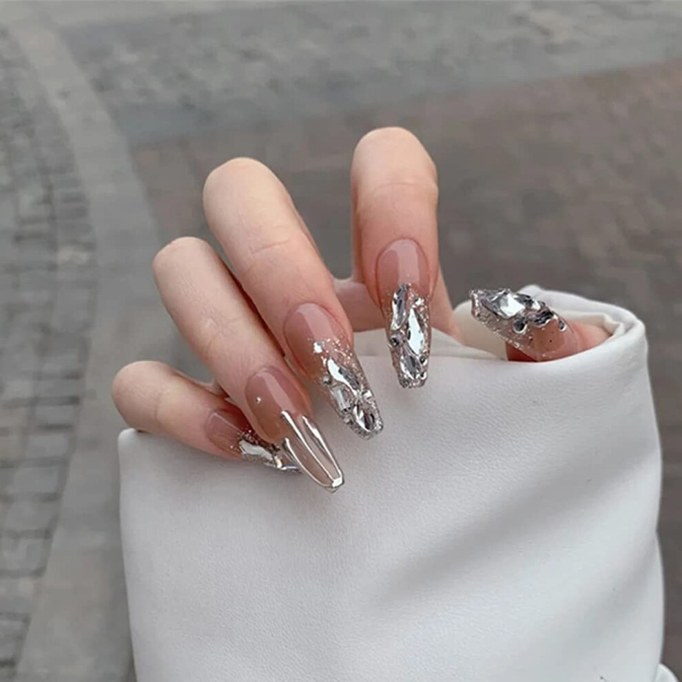 Gold Long Ballerina Press On Nails With Foil Design, 24Pcs Coffin Fake Nails For Women