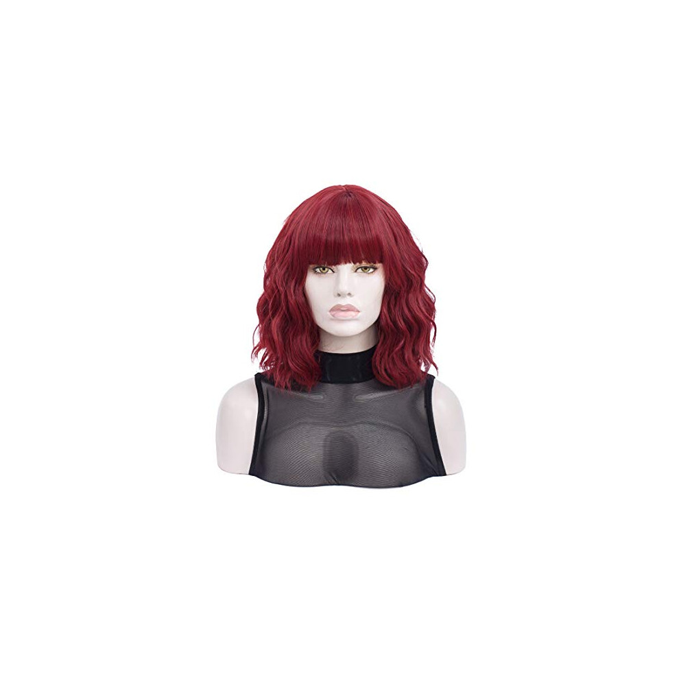 Unisex Red Short Curly Bob Wig With Bangs Heat Resistant Synthetic Wavy Bob Wig For Women