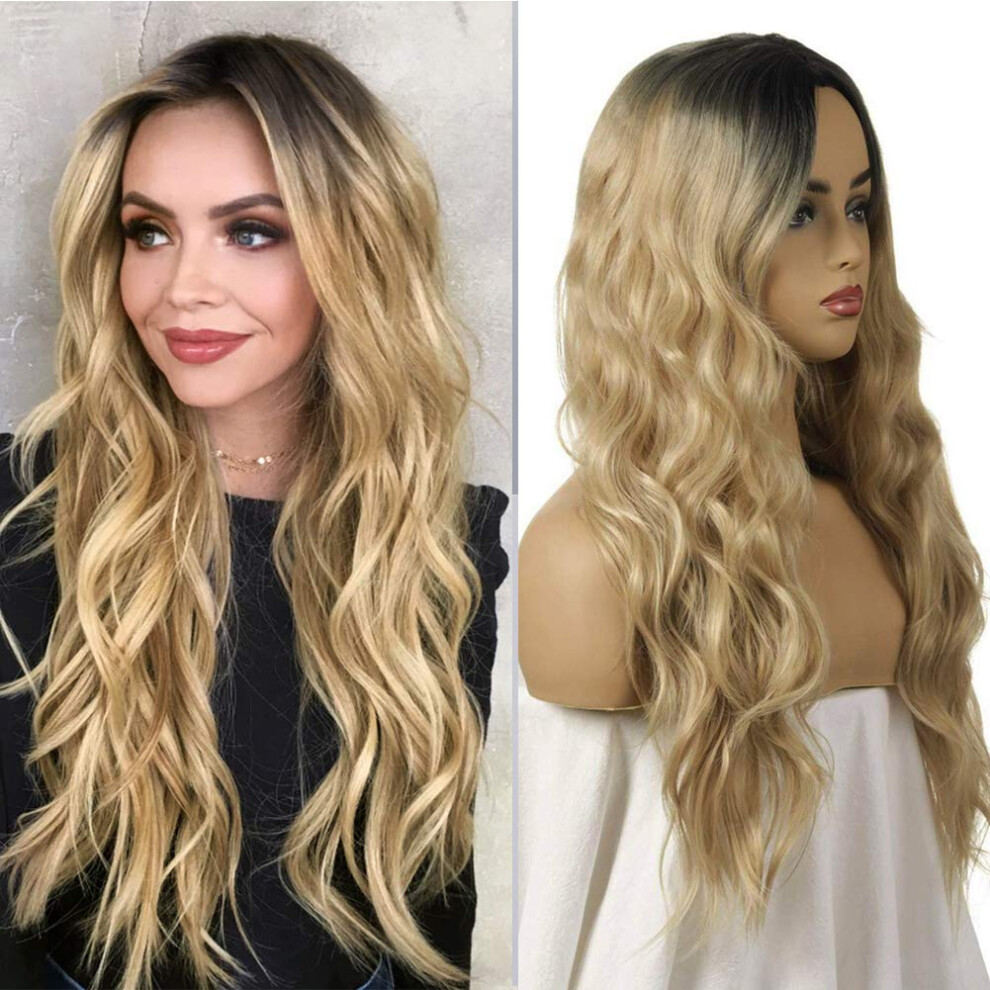 Long Wavy Ombre Blonde Lace Front Wig 24 Inch Heat Resistant Natural Hairline Synthetic
