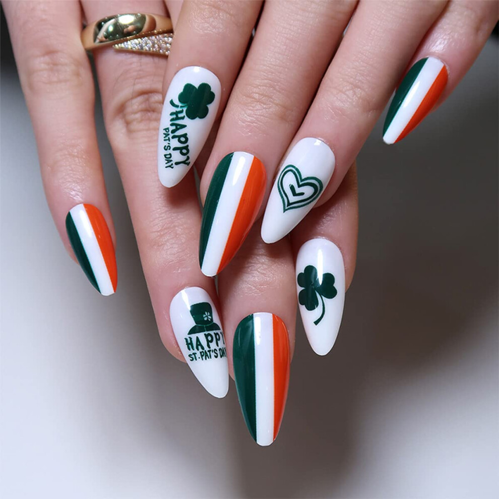 Green St Patrick's Day Press On Nails Clover Almond Shape Fake Nails With Irish Flag Design Kit