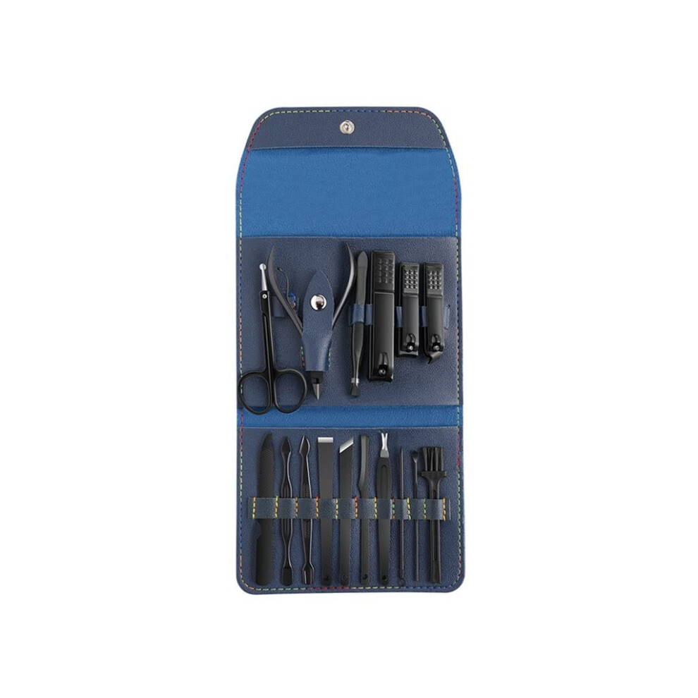 Black Nail Clippers Set 16 Piece Manicure Pedicure Kit Durable Carbon Steel With Compact Leather Case