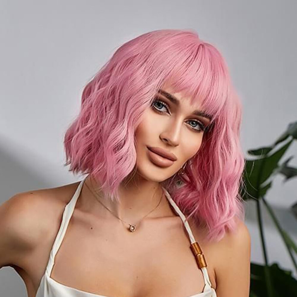 Pastel Pink Wig with Bangs Shoulder Length Synthetic Bob for Women Cosplay Heat Resistant