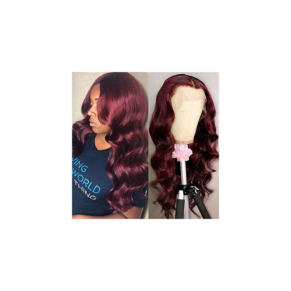 Unisex Black 99J Body Wave Human Hair Lace Front Wig Hd Transparent 13X6 Pre Plucked For Women 14Inch