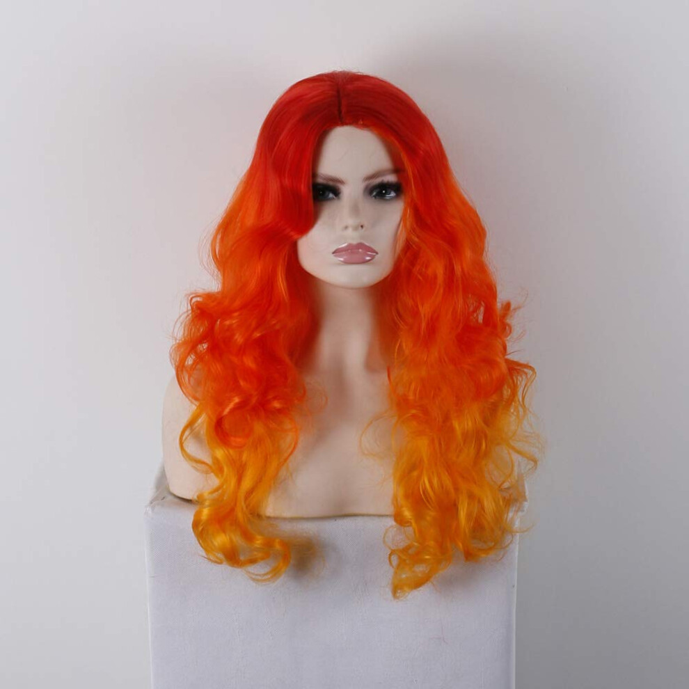 Unisex Brown Long Wavy Ombre Synthetic Wig With Heatresistant Fiber, Rose Net Cap For Cosplay